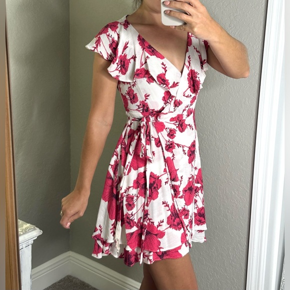 NWOT Free People pink and white Floral Wrap Dress with ruffle, V-neck detail - Picture 4 of 12